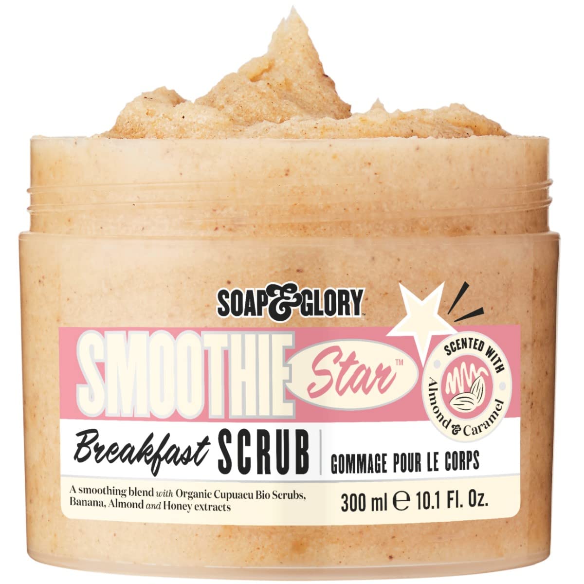 Soap & Glory Smoothie Star Exfoliating Body Scrub - Buff & Smooth Skin - Almond & Caramel Scented Vegan Body Polish - Brightening Scrub with Honey