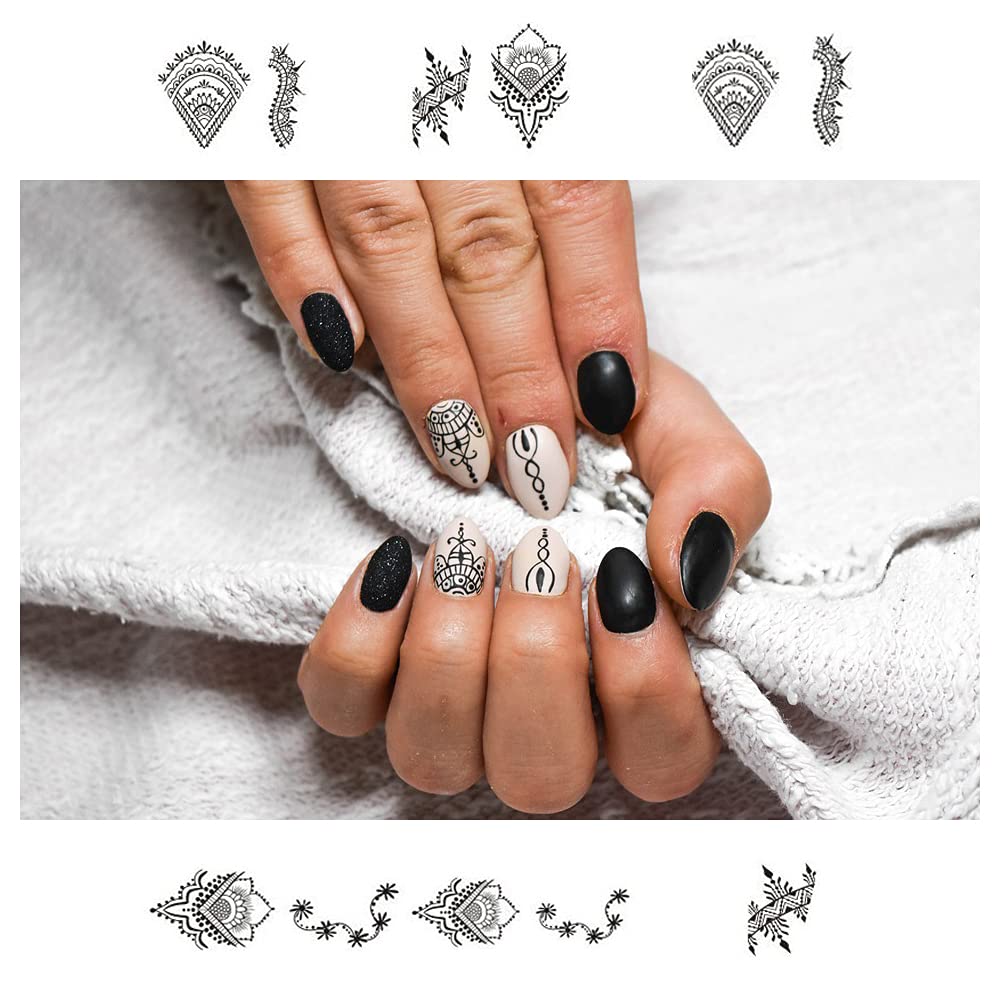 13 Sheets Black Nail Stickers Boho Retro Nail Decals Black Nail Tattoos Water Transfer Nail Decals Nails Supply Necklace Jewelry Feather Nail Design