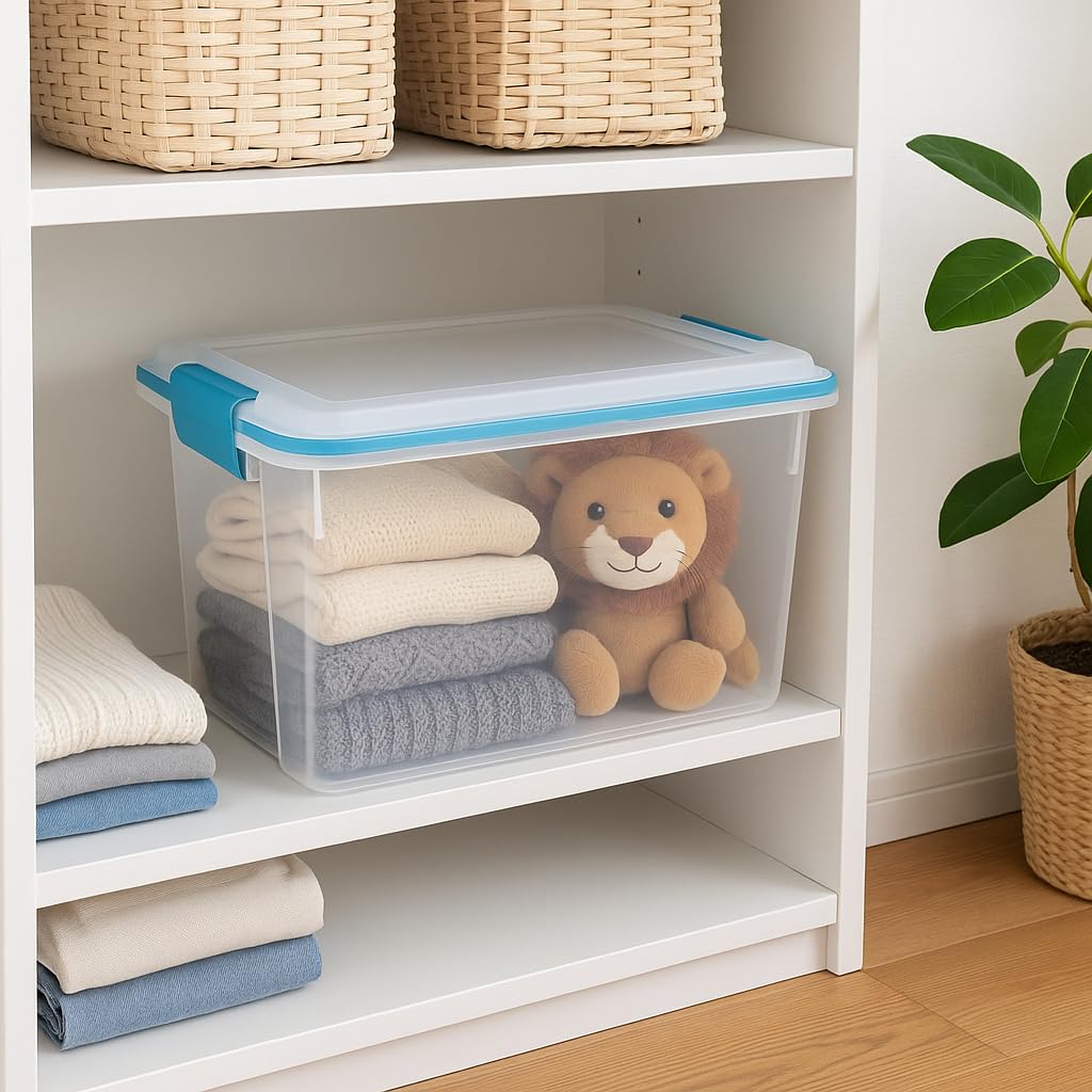 20 Quart Clear Plastic Storage Bin with Gasket Seal Lid - Small Airtight Storage Container for Closet, Pantry, Garage, Office, Blue Latching Box