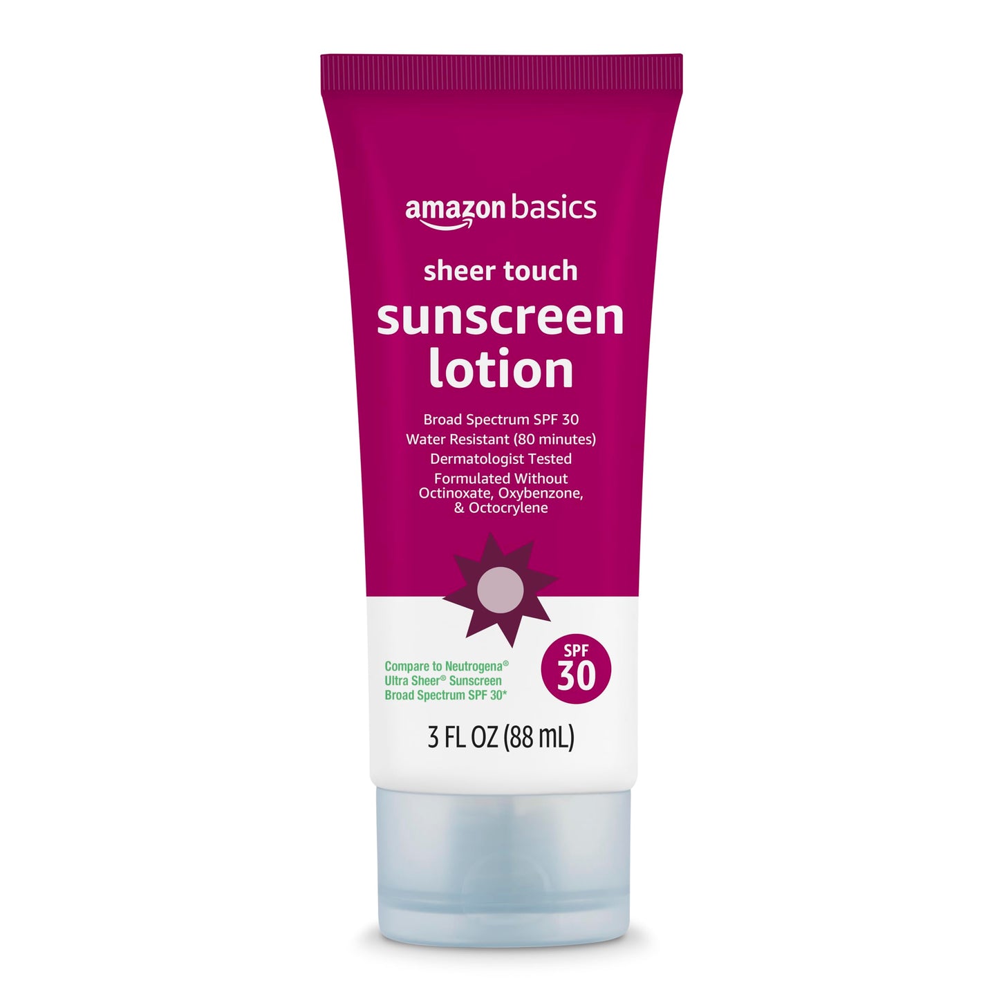 Amazon Basics Sheer Face Sunscreen SPF 30, UVA/UVB Protection, Water Resistant (80min), Formulated without Octinoxate & Oxybenzone, 3 fl oz (Pack