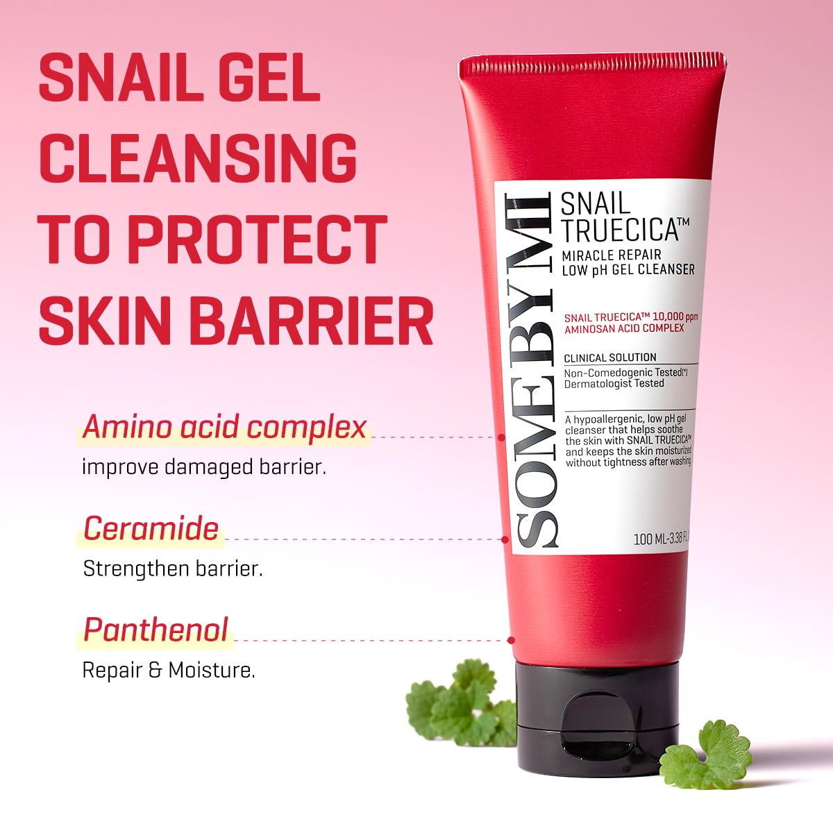 SOME BY MI Snail Truecica Miracle Repair Low pH Gel Cleanser - 3.38Oz, 100ml - Made from Snail Mucin for Sensitive Skin - Daily Face Wash for Deep