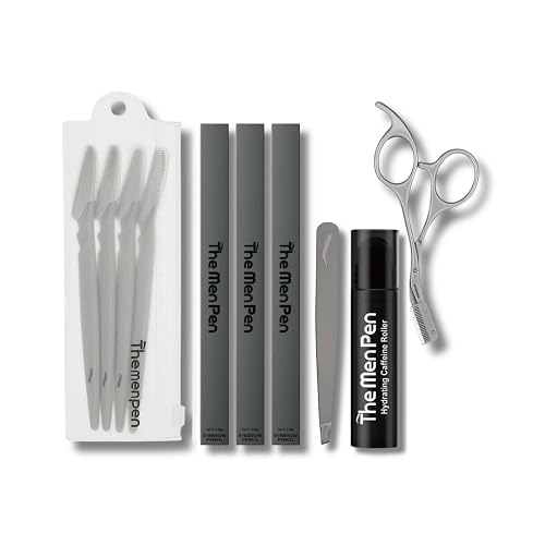 The Men Pen Complete Eyebrow + Hydrating Grooming Kit for Men | Scissors, Hydrating Caffeine Roller, Tweezers, Razors & 3 Eyebrow Filler Pens