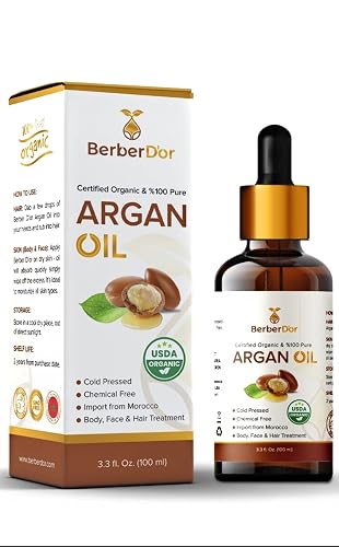 Berber D’Or 100 Pure Natural Organic Argan Oil For Body, Hair, Face, Nails | Eco-Certified, USDA Approved Import From Morocco (3.4 FL OZ 100 ML)