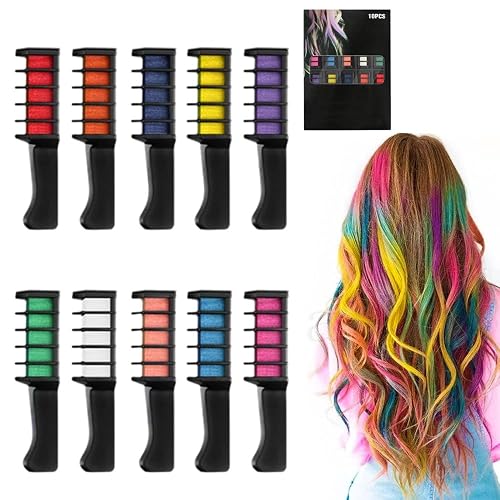Vibrant 10 Color Hair Chalk Combs with Glitter, Temporary & Washable Hair Dye for Teens, Party, Halloween, Christmas Gift (10 Colors)