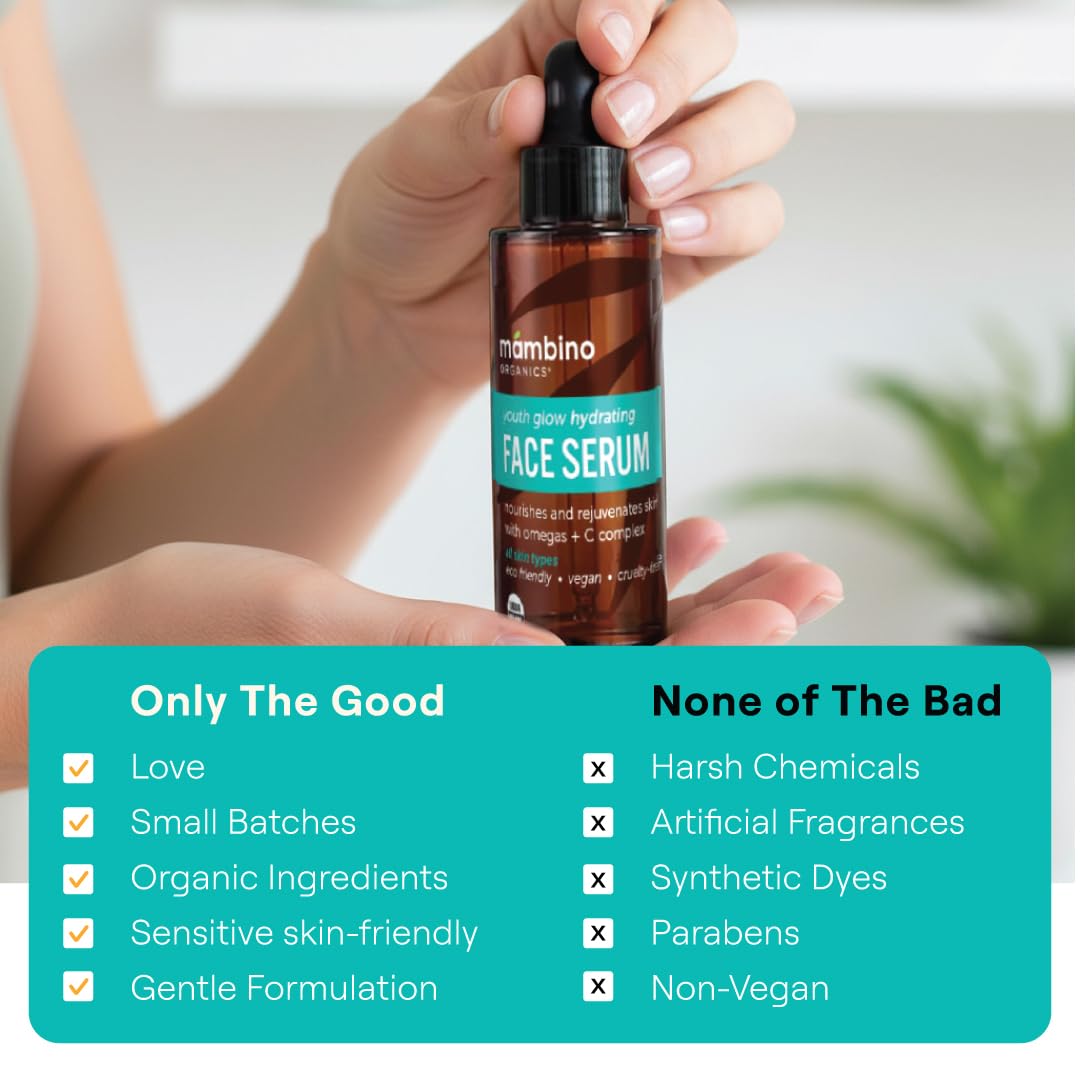 Mambino Organics Youth Glow Hydrating Serum, Vitamin C Face Serum with Marula, Rosehip Oil, Revitalizing Skin, Fades Dark Spots, Smooths Texture