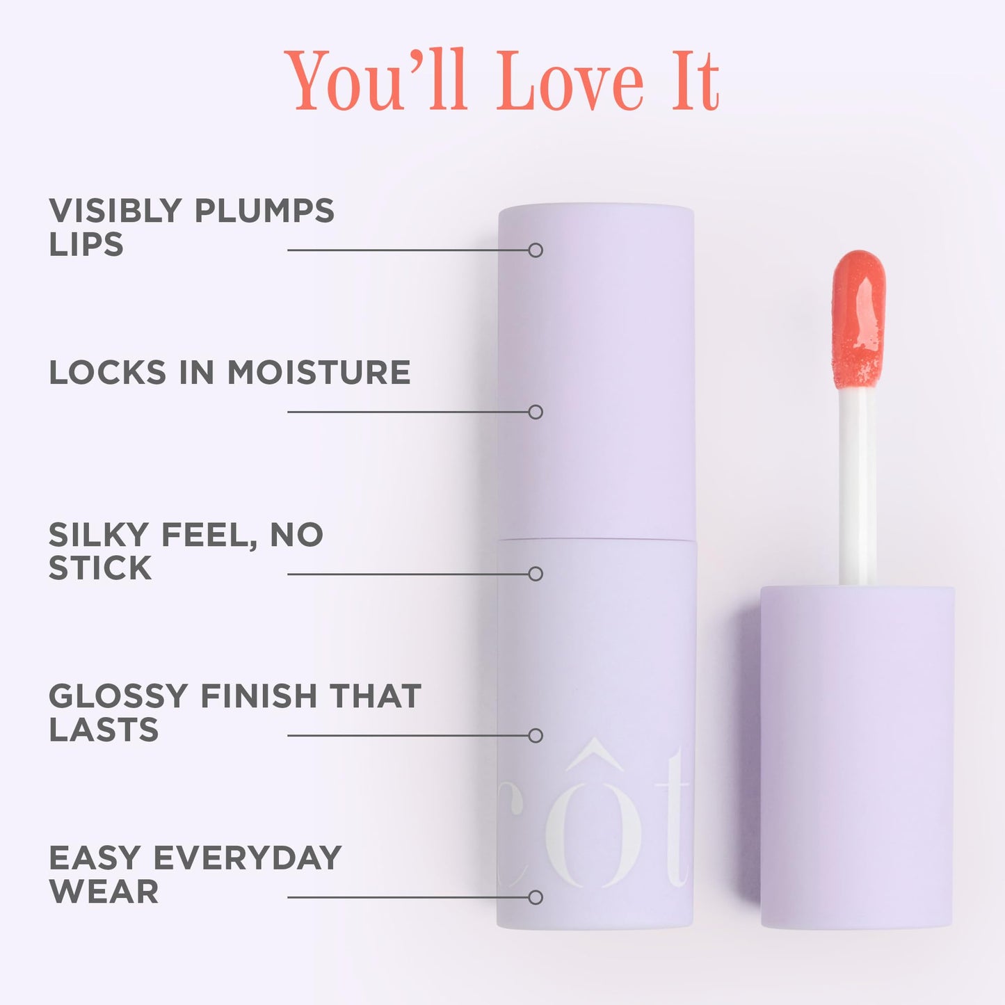 Cote Beauty's Peptide Lip Shine in Branson, Ultra Hydrating & Long-Lasting Coral Plumping Lip Gloss for Women with Hyaluronic Acid, Shea Butter &
