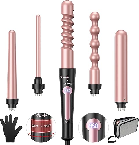 USHOW Curling Iron, Curling Wand Set, Instant Heat Up Hair Curler with Interchangeable Tourmaline Ceramic Barrels (0.5" to 1.25"), Adjustable