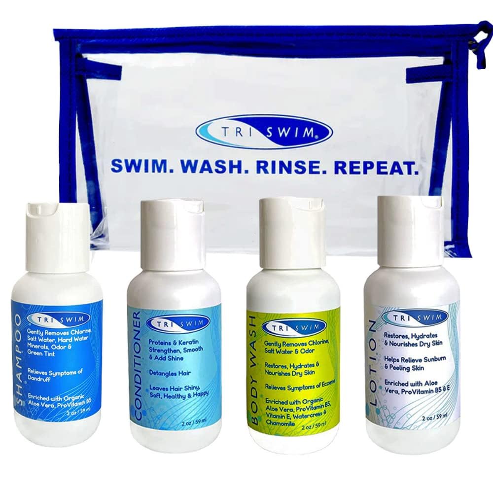TRISWIM Shot Set in Travel Bag | 2oz Travel Size Chlorine Removal Shampoo, Swimmer’s Conditioner, Swim Body Wash and Lotion | Removes Chlorine