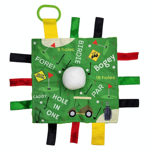Baby Jack & Co 10x10” Golf Ball Sports Lovey Sensory Plush Blanket - Tag Toys for Sensory Play - Travel Stroller Toy - Learn Shapes, Letters & Colors…