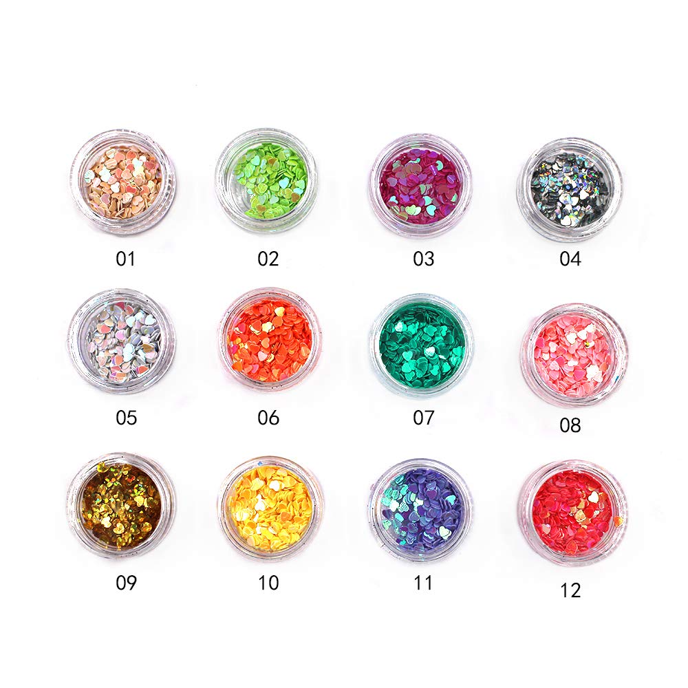 Minejin Nail Art Glitter Heart Shape Sequins Iridescent Colorful Confetti Chunky Flakes Tips Manicure 12 Colors Beauty & Personal Care Mygitter