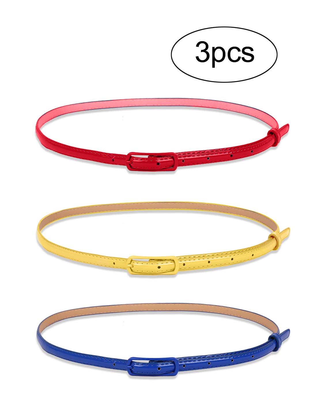uxcell Ladies Single Prong Buckle Skinny Patent PU Belt red+yellow+Sapphire