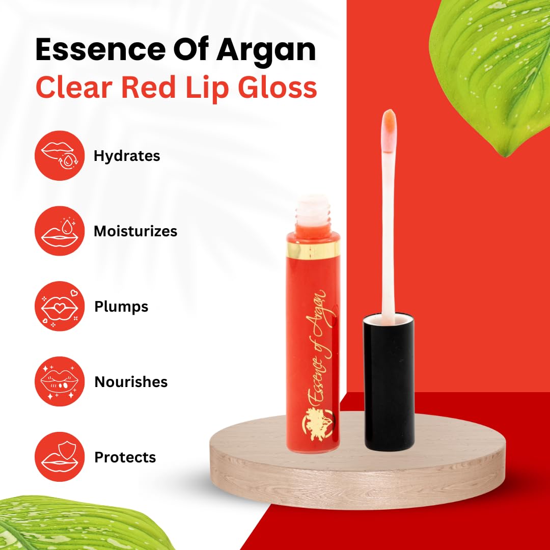 Essence Of Argan Clear Red Lip Gloss with Moroccan Argan Oil to Moisturize and Plump your Lips - Revitalized Lip Care to Eliminate Dryness - Clear