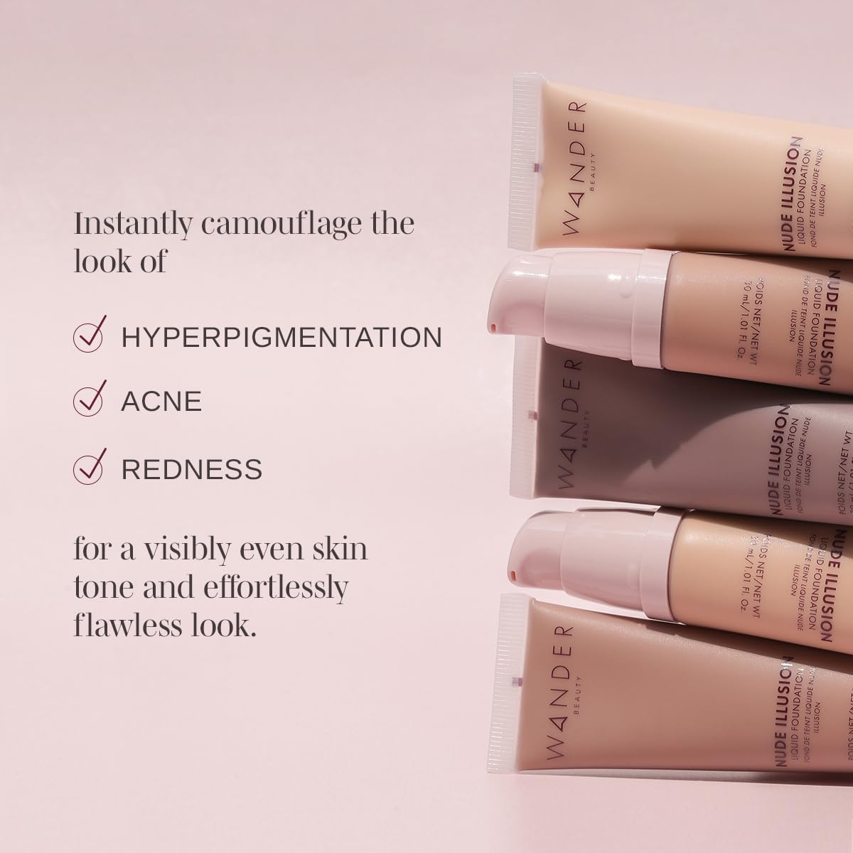 Wander Beauty Nude Illusion Liquid Foundation - Rich - Medium to Full Coverage Foundation with Niacinamide & Lotus Extract - Natural Skin Finish - Blurs, Conceals & Contours - Travel-Friendly Tube