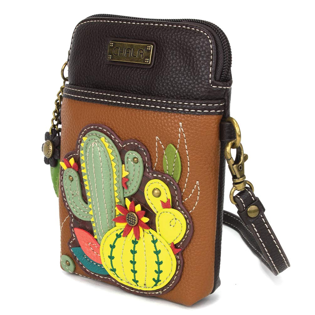 CHALA Plant Life Collection Cell Phone Crossbody Purse-Women PU Leather/Canvas Multicolor Handbag with Adjustable Strap - Cactus - brown