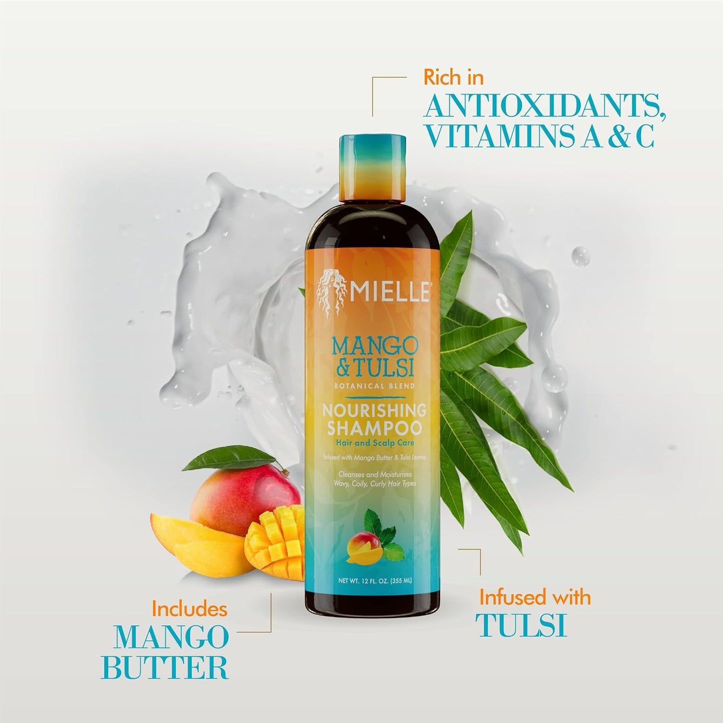 Mielle Organics Mango & Tulsi Nourishing Hair Shampoo - Moisturizing Shampoo for Curly Hair - Gently Cleanses & Remove Scalp Impurities - Nourishes