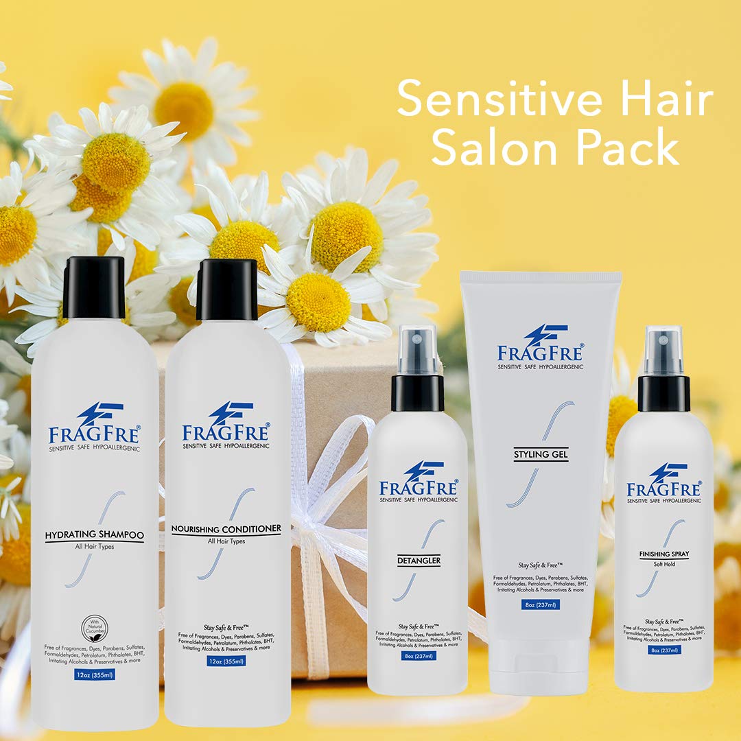 FRAGFRE Professional Hair Salon Set for Sensitive Skin 8/12 oz/ea (5-Pack Gift Set) - Shampoo-Conditioner-Detangler-Styling Gel-Finishing Spray