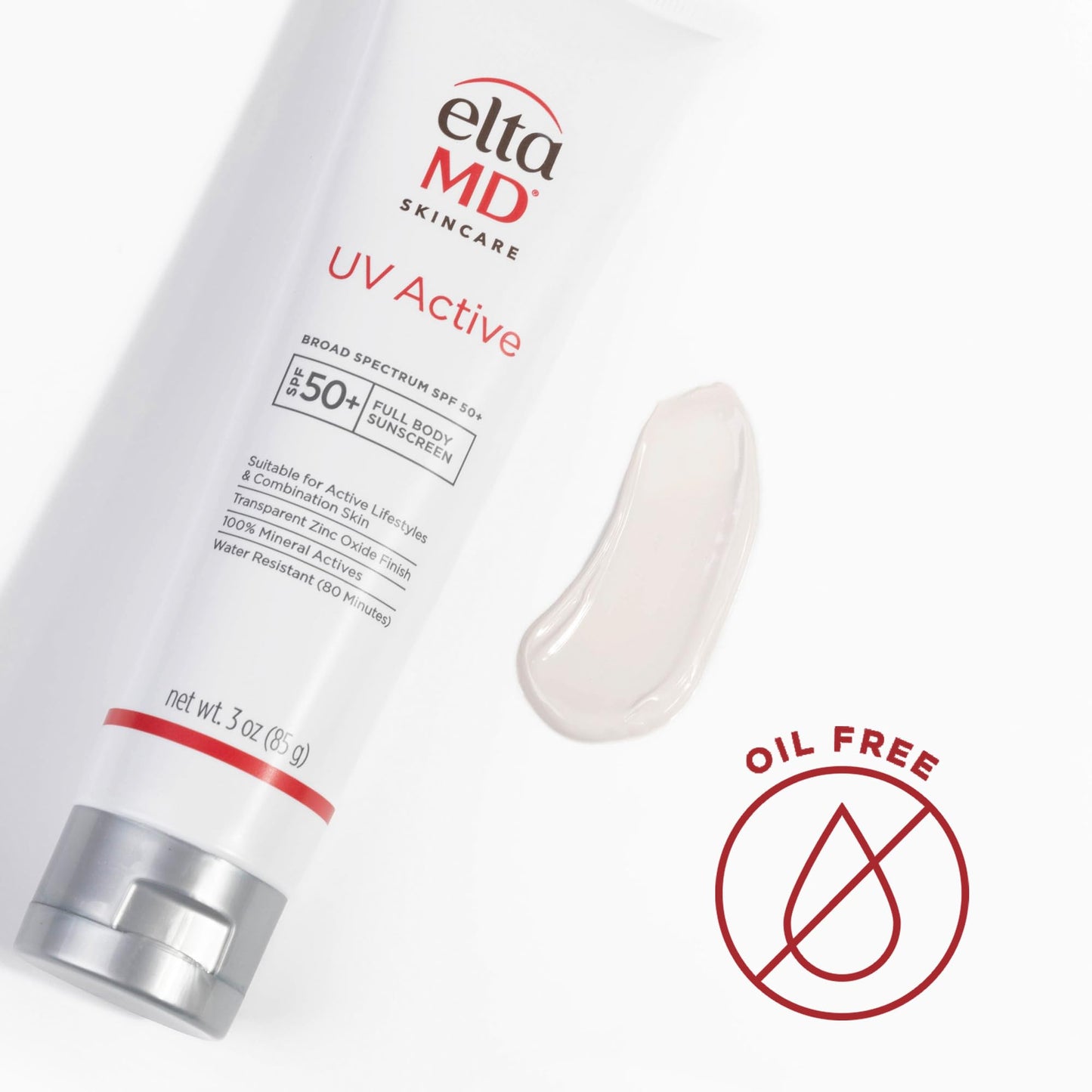 EltaMD UV Active Mineral Sunscreen with Zinc Oxide, Water Resistant Sunscreen SPF 50+ Up to 80 Minutes, Oil Free SPF for Face and Body, 3.0 oz Tube