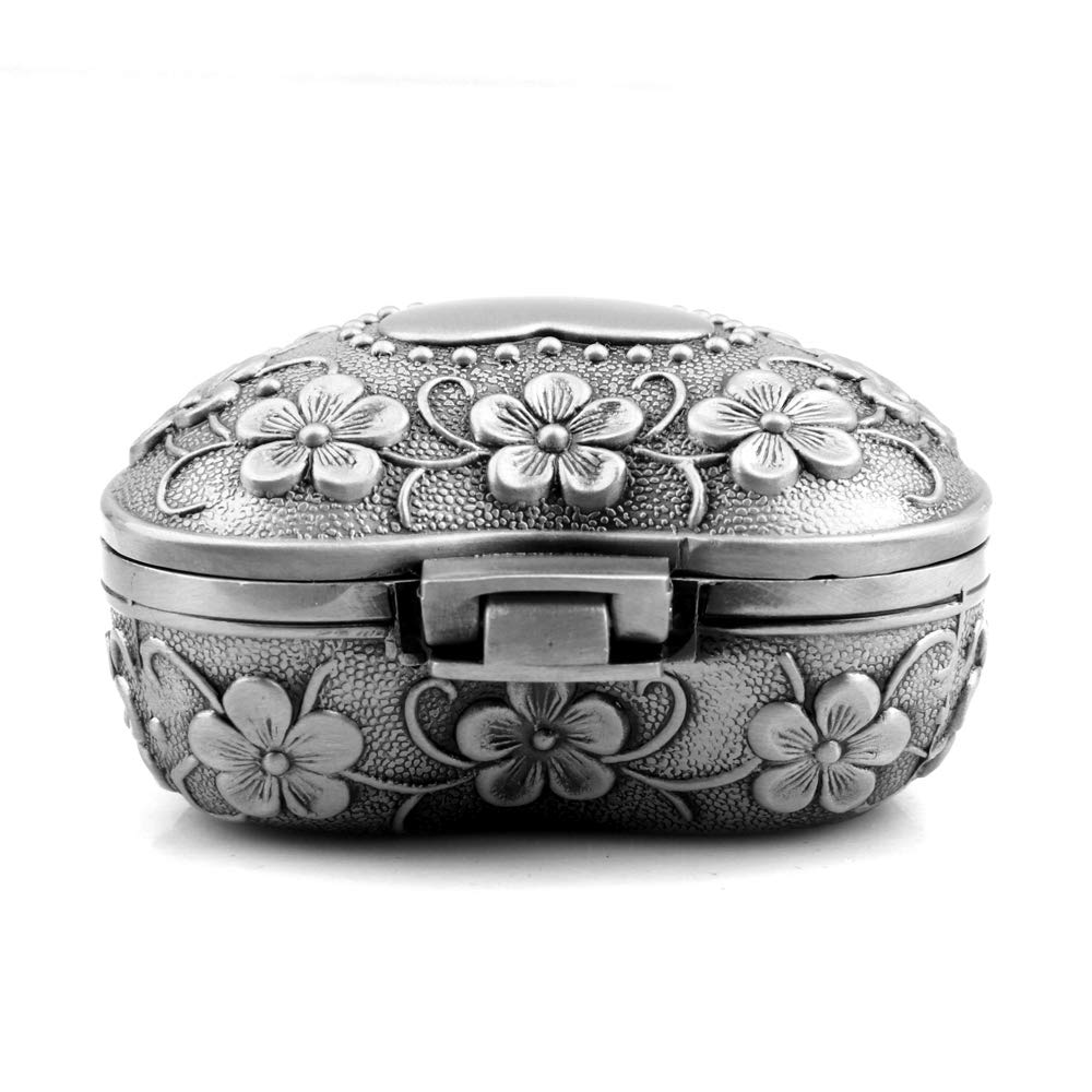 Luxuryseed Classic Vintage Smart Heart Shape Trinket Box Antique Silver Jewelry Box Small Trinket Storage Organizer Chest