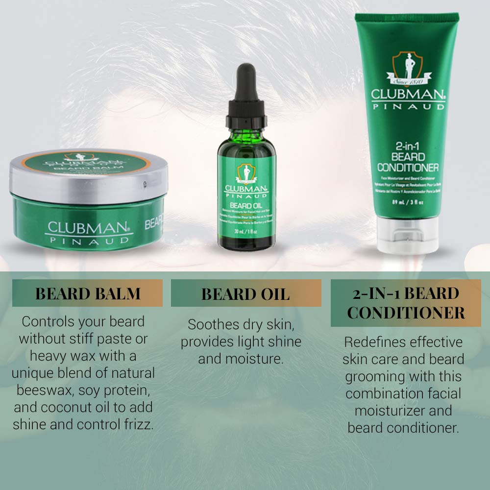 Clubman Pinaud 3-in-1 Beard Kit - Includes Conditioner, Beard Oil and Balm, Starter Kit for Men