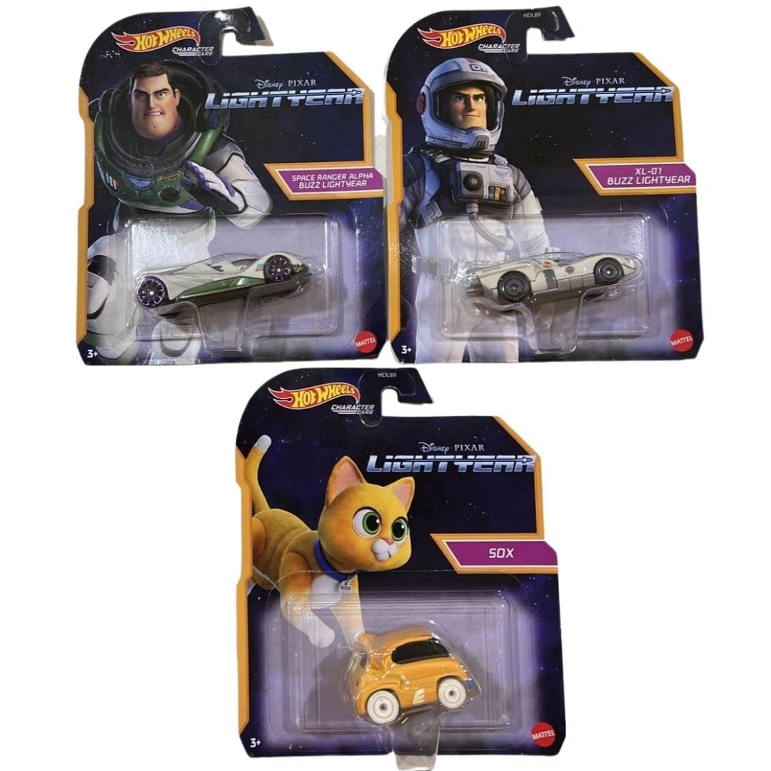Hot Wheels Disney Pixar Lightyear Character Cars Bundle of 3 Diecast Vehicles with Space Buzz and Sox
