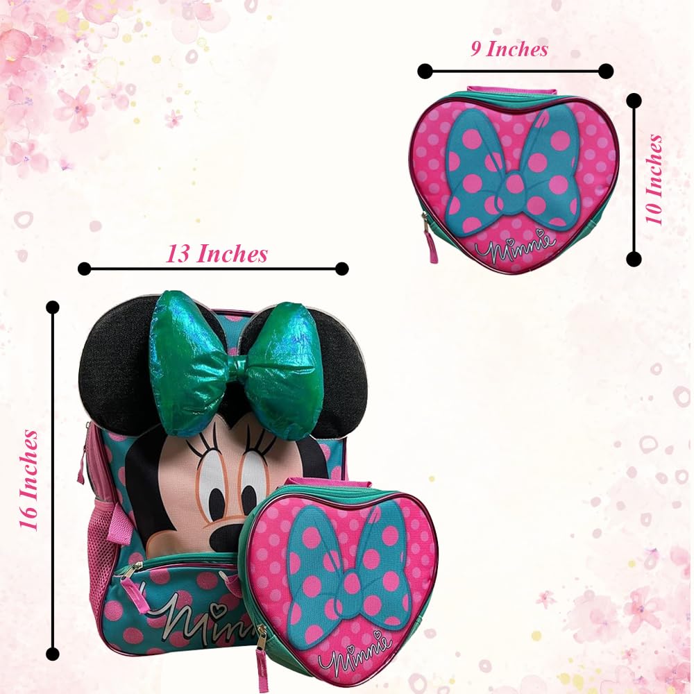Minnie Mouse 16-Inch Backpack and Lunch Box Set for Girls, Cute School Bag with Heart-Shaped Lunchbox, Mesh Side Pockets, and Padded Straps, Perfect for School or Travel