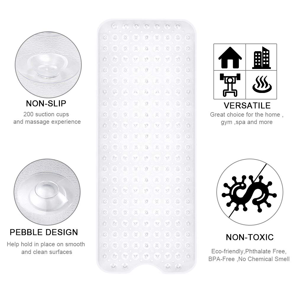 YINENN 40x16" Bath & Shower Mat – Non-Slip with Suction Cups, Drain Holes, Machine Washable, Extra Large Tub Floor Mat – Clear