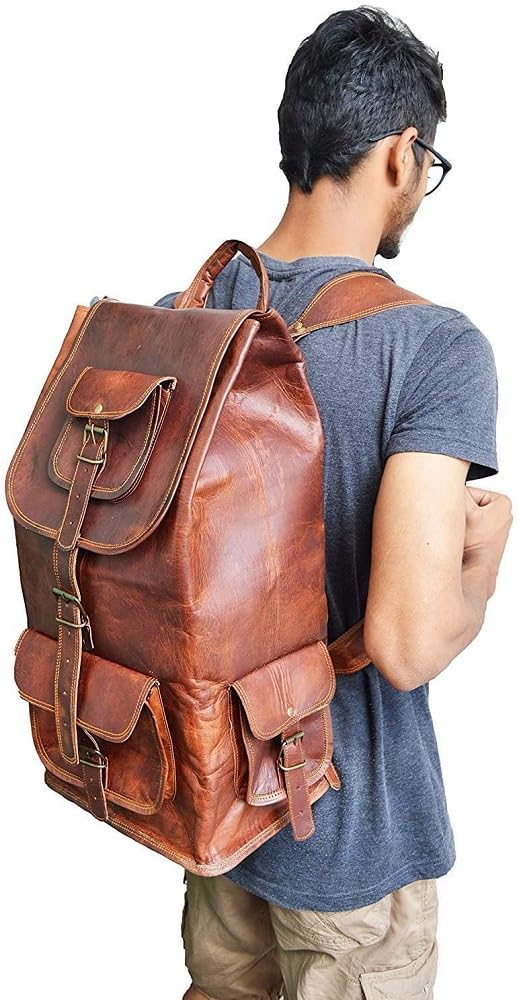 Jaald 21" Brown Leather Laptop Backpack Vintage Rucksack Travel Mochila Knapsack
