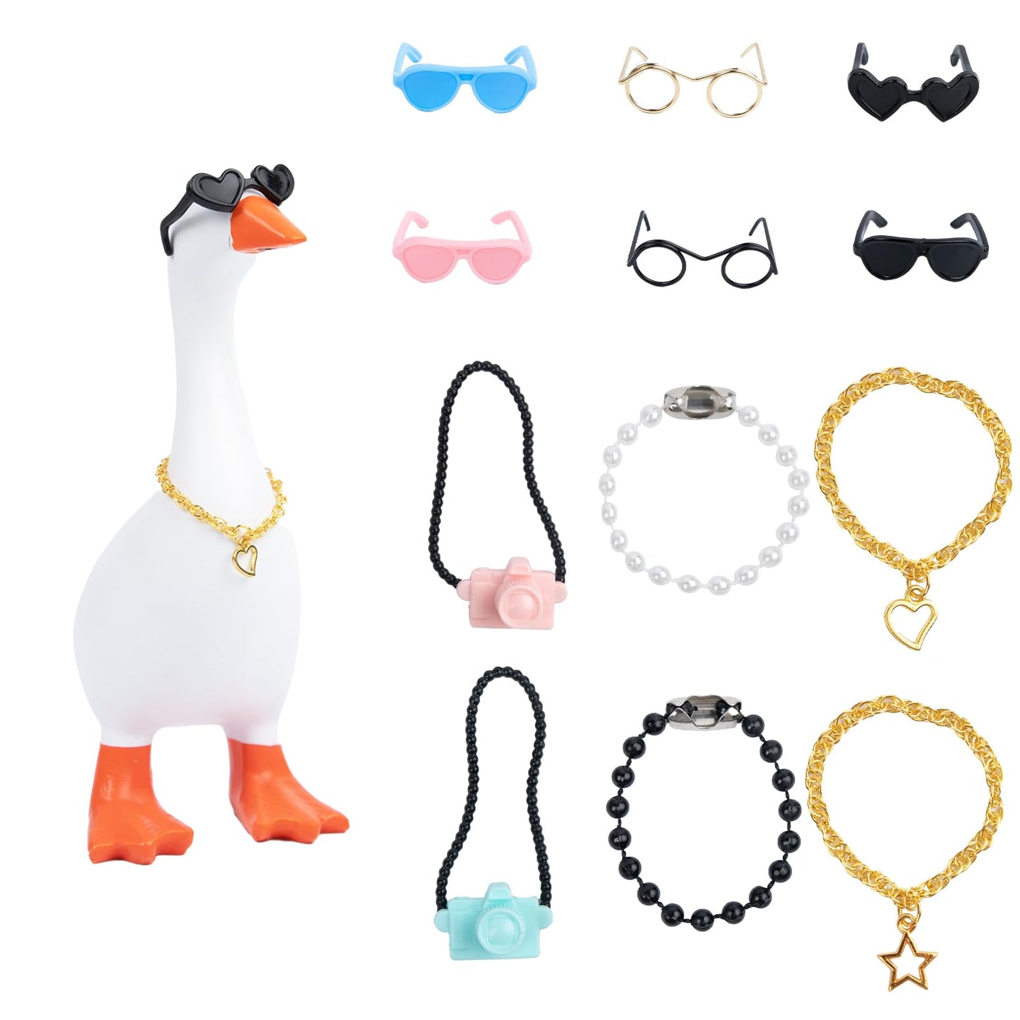 Neowedding 6 Set 7inch Desk Goose Outfits Mini Chain Collar and Sunglasses Small Desk Goose Costume Funny Mini Porch Goose Decor Accessories for…