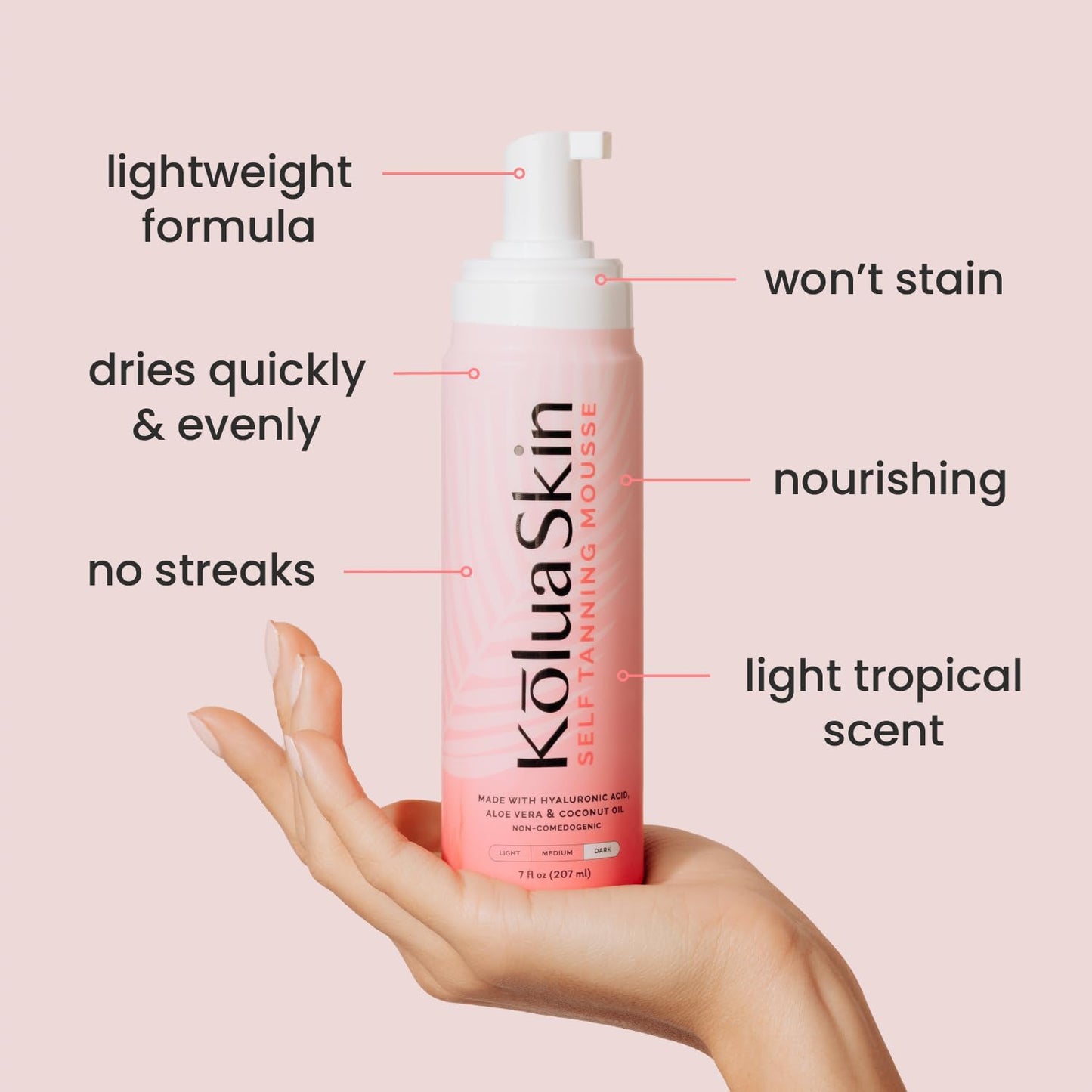 KoluaSkin by KoluaWax Self Tanner Mousse, Dark - Natural-Looking Sunless Body Fake Tan - Dries Quick w/No Streaks, Hydrates Skin - Light Tropical