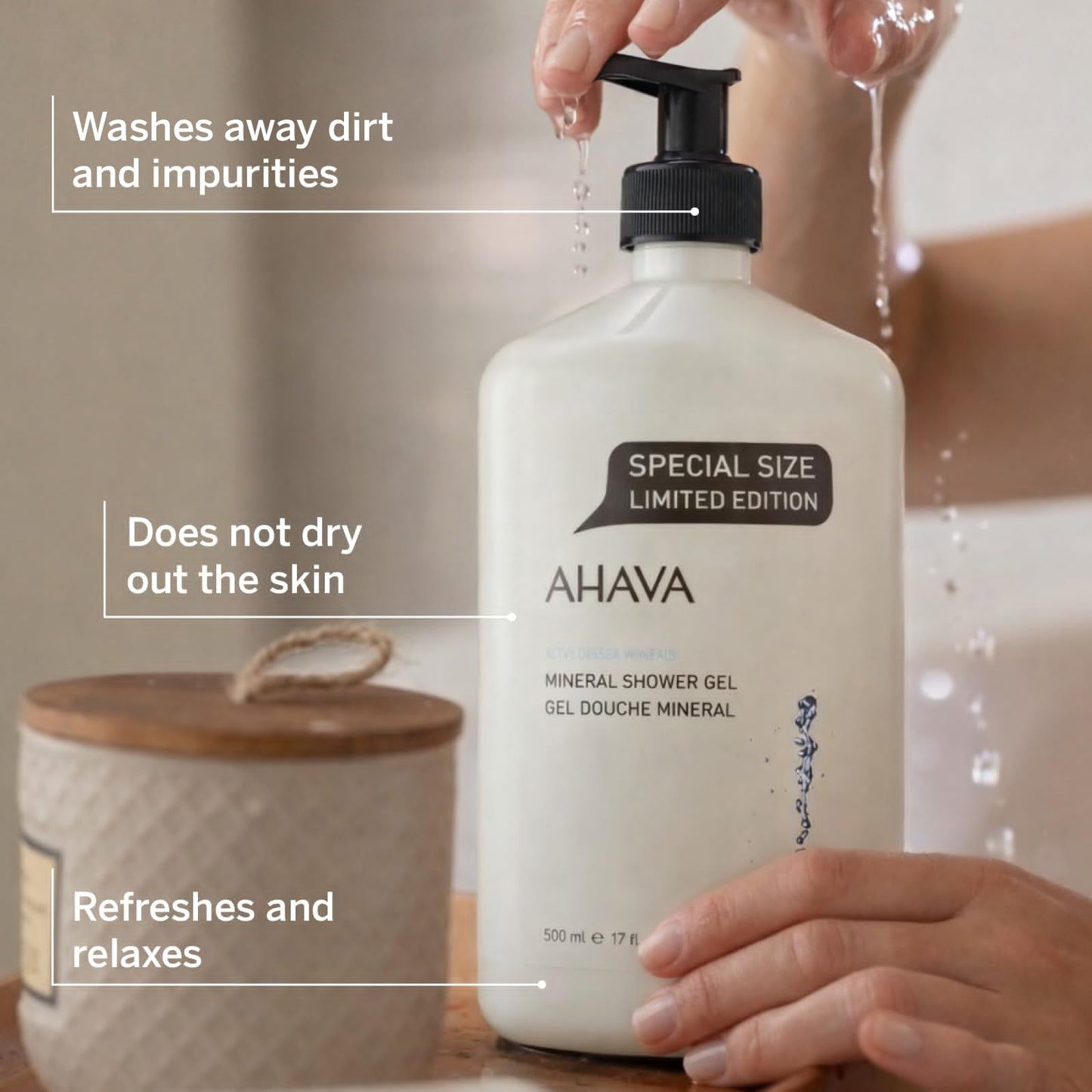 AHAVA Dead Sea Mineral Shower Gel 17 fl oz - Luxury Hydrating Body Wash with Aloe Vera & Osmoter Minerals, Gentle Cleanser for Dry & Sensitive Skin