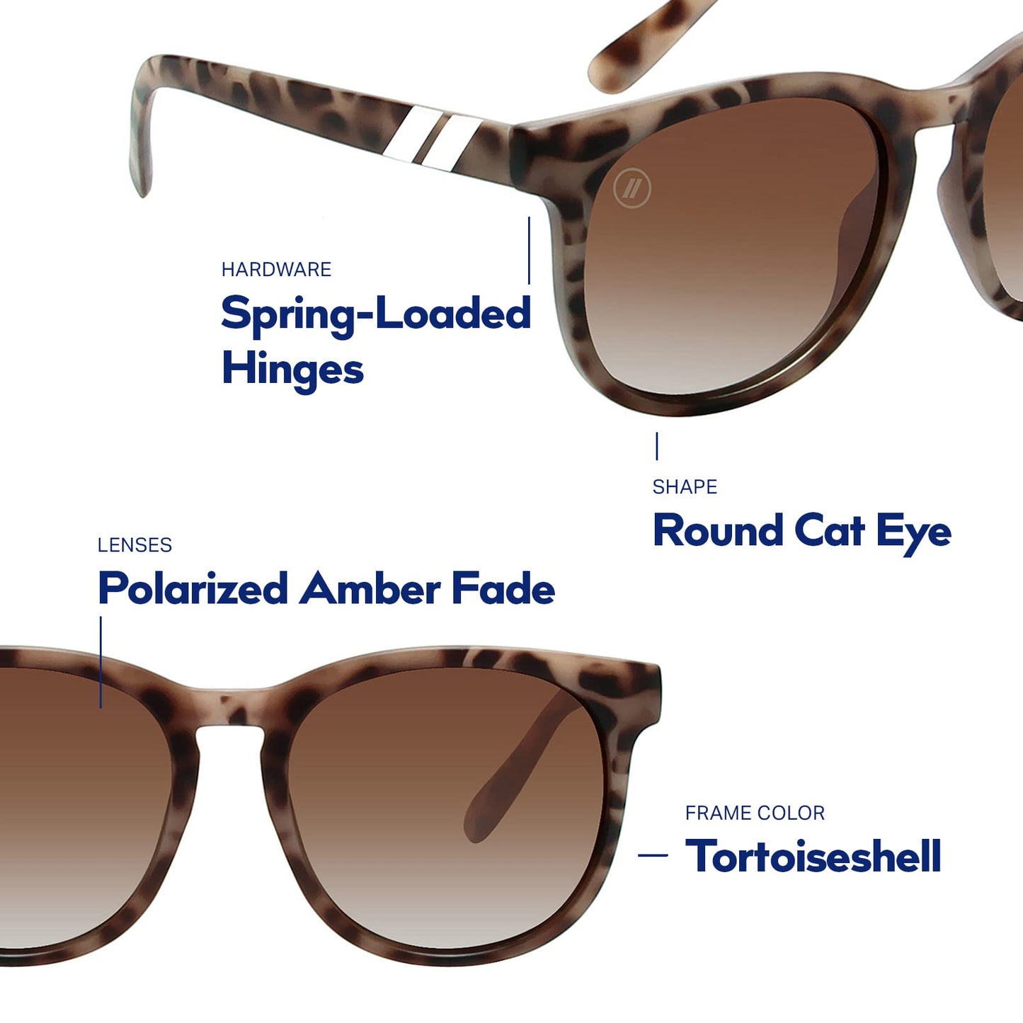 Blenders Eyewear H Series - Polarized Sunglasses - Round Cat Eye, Spring Loaded Hinge - 100% UV Protection - Unisex - Tiger Mark