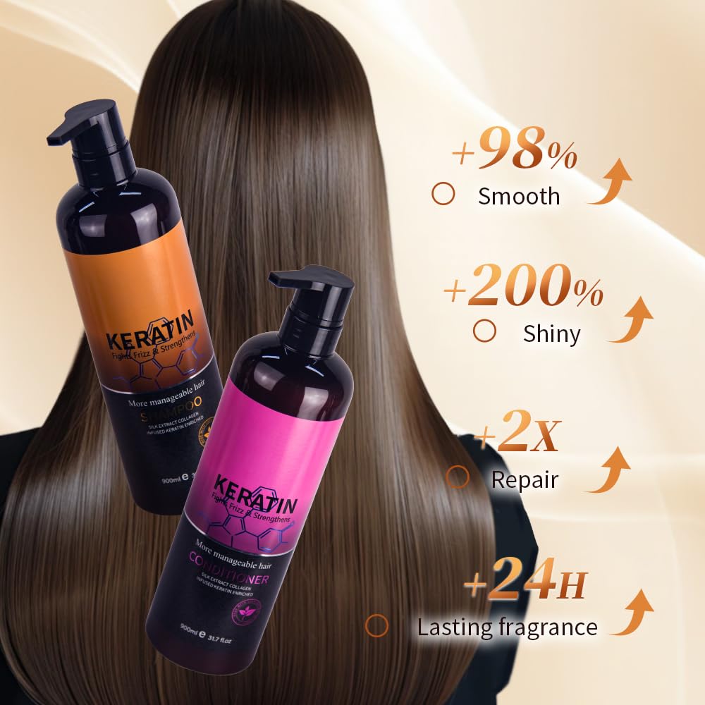 Mnequal Keratin Shampoo & Conditioner Set, Salon-quality Treatments for Dry, Damaged, Curly, Frizzy, Straight or Color Treated Hair, Paraben