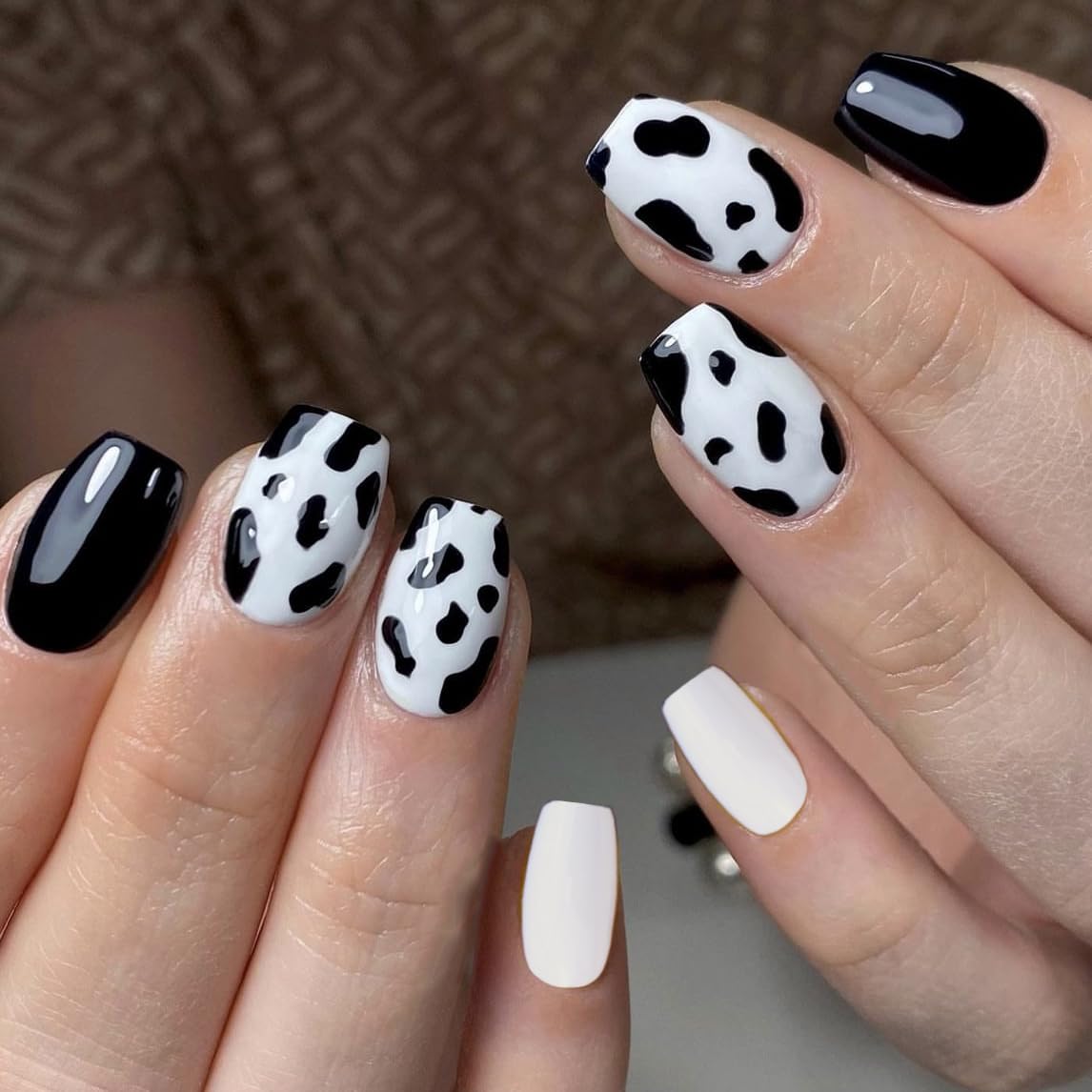 BABALAL Square Press-on Short Cow Print Nails - 24Pcs Cute Squoval Fake Glossy Black Acrylic Nails for Women and Girls