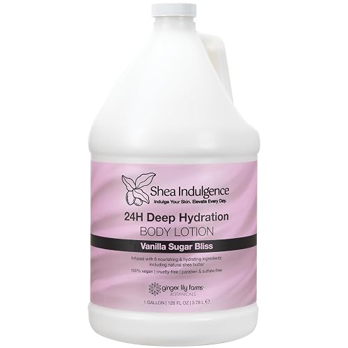 Ginger Lily Farms Botanicals Shea Indulgence 24H Deep Hydration Body Lotion, 100% Vegan & Cruelty-Free, Vanilla Sugar Bliss Scent, 1 Gallon (128 fl