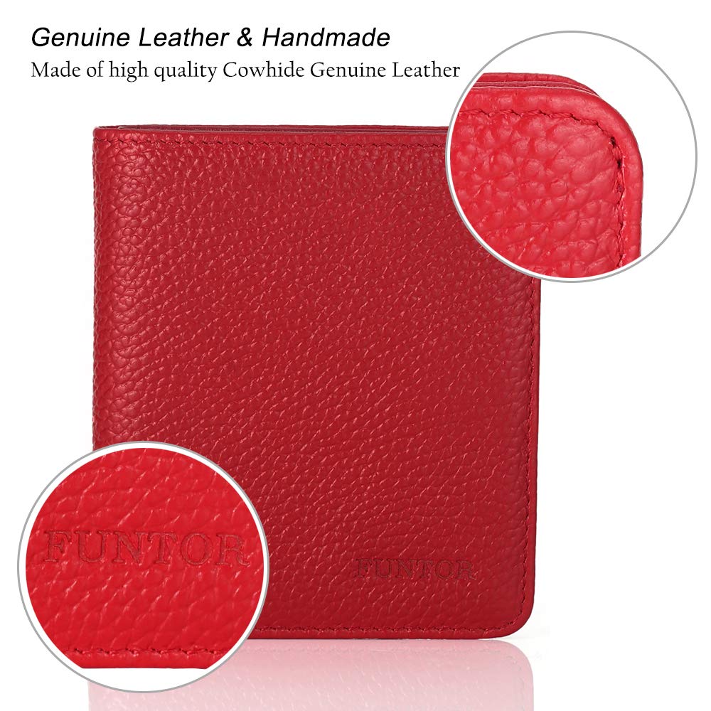 FUNTOR Small Wallets for Women, Ladies Small Compact Bifold Pocket RFID Blocking Genuine Leather Wallet for Women, Red