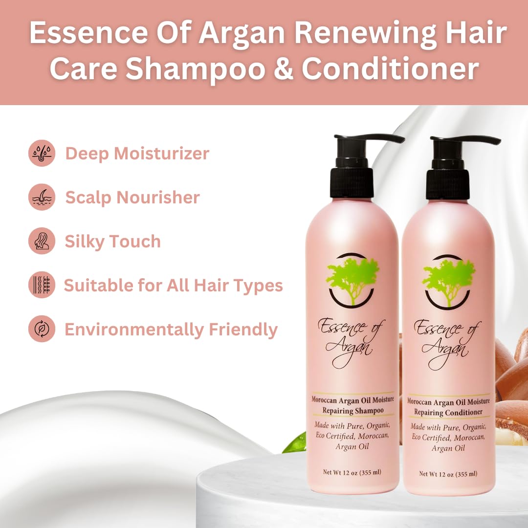 Essence of Argan Moroccan Argan Oil Shampoo and Conditioner Set - Sulfate & Paraben Free, Volumizing and Hydrating Organic Hair Care for Smooth