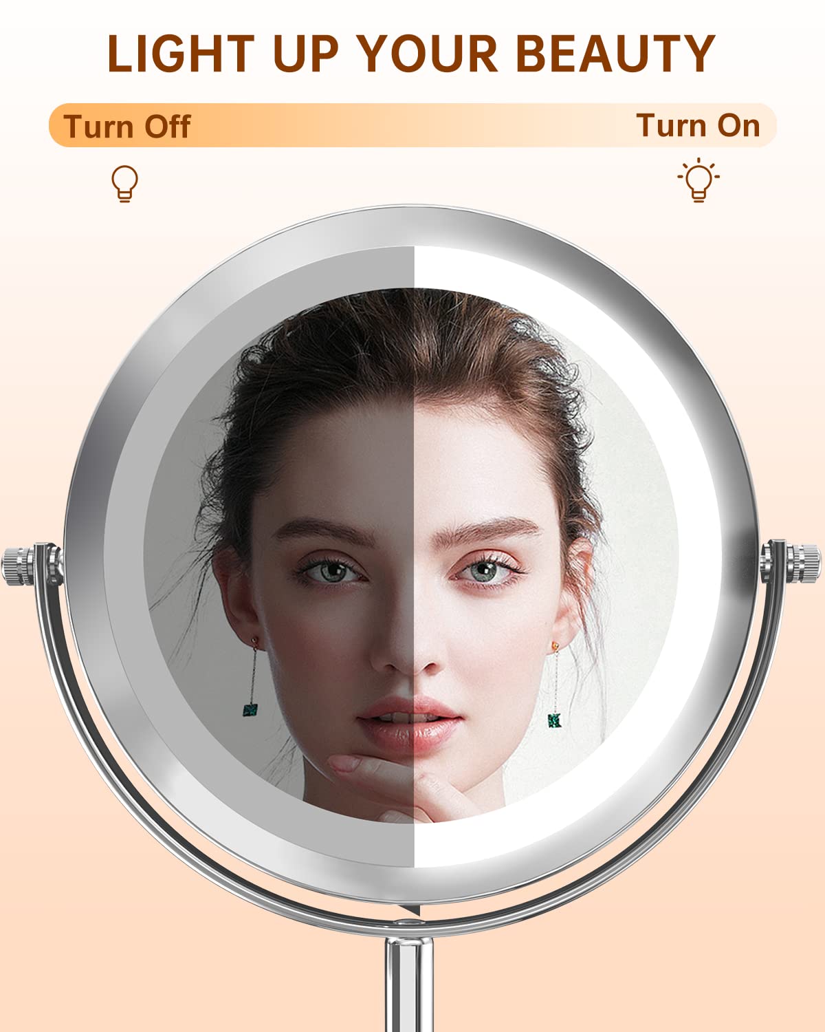 1X/10x Magnified Lighted Makeup Mirror Double Sided Round Magnifying Mirror Standing 360 Degree Swivel Vanity Mirror Battery Operated 7 Inch Diameter