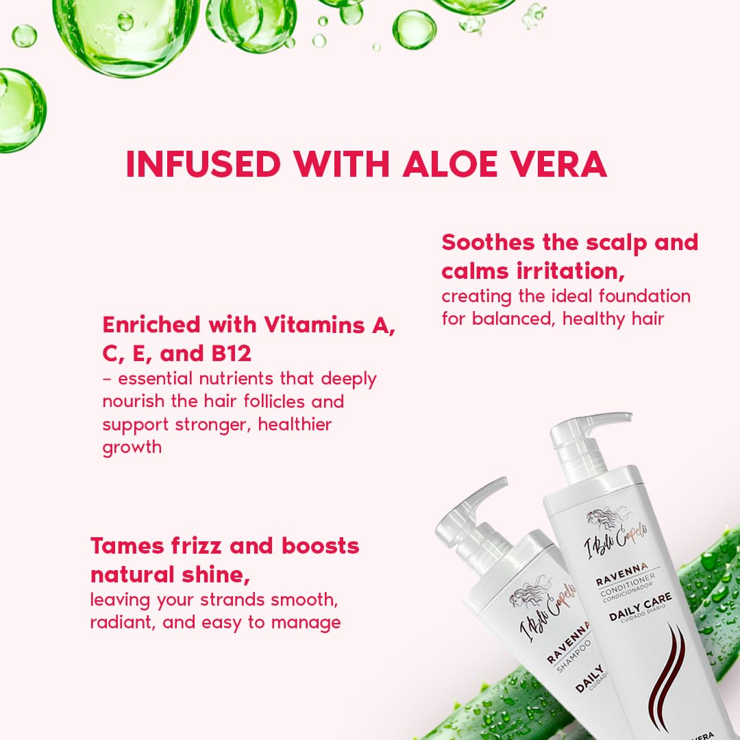 I Belli Capelli Ravenna Aloe Vera Shampoo & Conditioner Set - Paraben-Free, Deep Moisture, Breakage Reduction for Dry, Damaged & All Hair Types, 2×1L