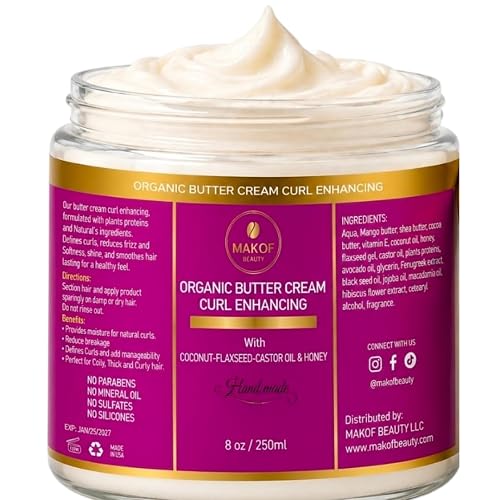 Organic Coconut Curl Enhancing Cream with Flaxseed, Black Castor Oil. Curls Detangler, Moisture-rich, Curl Revival Cream. Anti-Frizz, Defines All Curl
