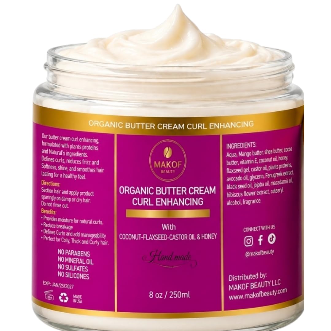 Organic Coconut Curl Enhancing Cream with Flaxseed, Black Castor Oil. Curls Detangler, Moisture-rich, Curl Revival Cream. Anti-Frizz, Defines All Curl
