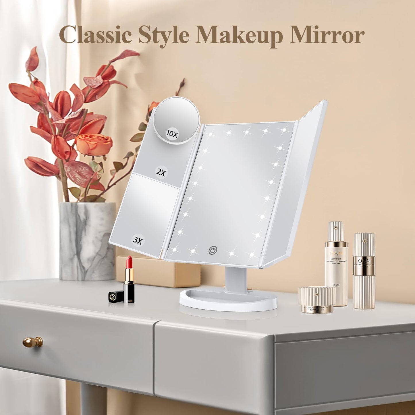 HUONUL Lighted Makeup Vanity Mirror – 2X, 3X, 10X Magnification, Touch Control, Trifold Design, White, Modern Style