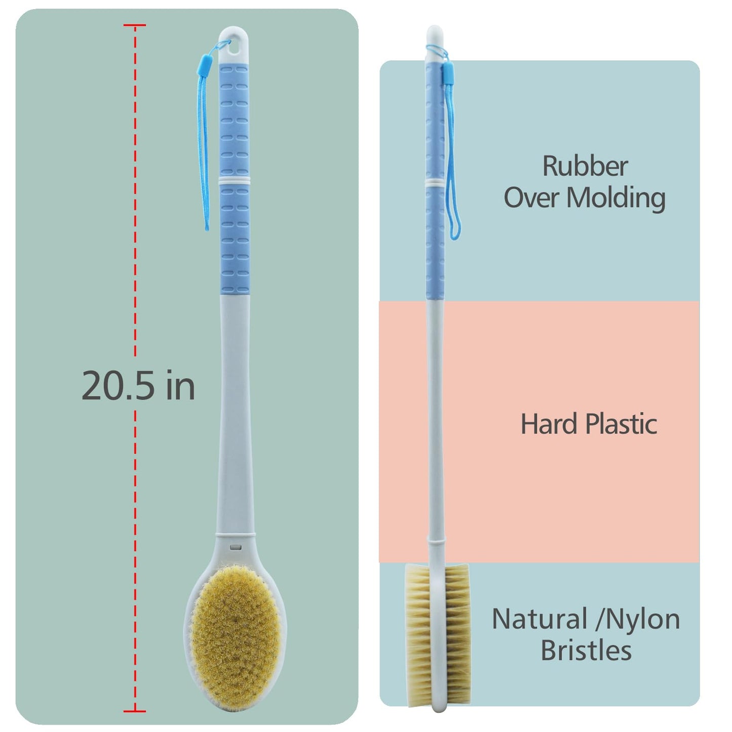 Shower Brush with Soft and Stiff Bristles, 20.5" Extended Long Handle Back Scrubber Dual-Side Bath Brush Body Exfoliator for Wet or Dry Brushing