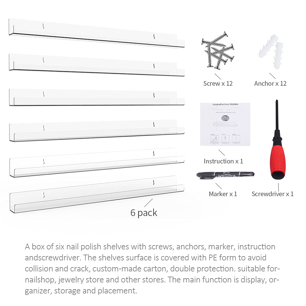 Sezanrpt 24 Inches Acrylic Nail Polish Rack for Wall, Clear Nail Polish Organizer Wall Mounted for 150 Bottles, 6 Pack