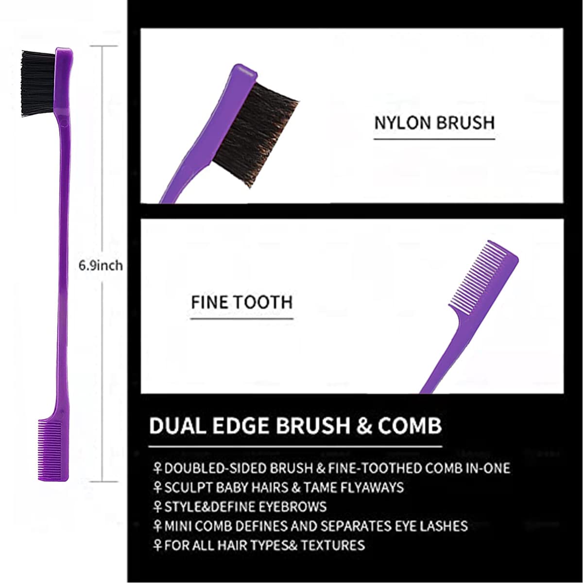 3 Pieces Hair Styling Comb Set Teasing Brush Rat Tail Comb Edge Brush for Edge&Back Brushing, Combing, Slicking Hair for Women (Purple)