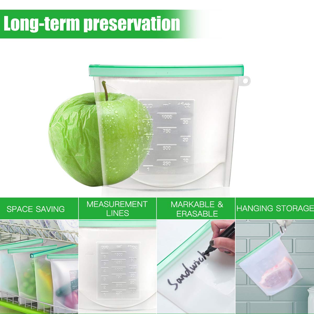 【Upgrade】Cadrim Reusable Extra Thick Silicone Food Storage Bags - 6 Packs Zipper Freezer Bags For Marinate Meats Sandwich, Snack, Cereal,Fruit Meal…