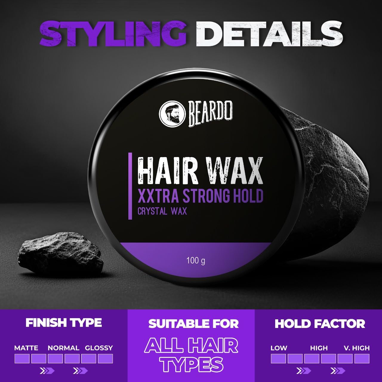 Beardo XXtra Stronghold Hair Wax, 100 gm | Crystal Hair Wax for Men | Glossy Finish | Hair Style, Shine | Extra Strong Hold Styling Hair Wax - 3.4Fl