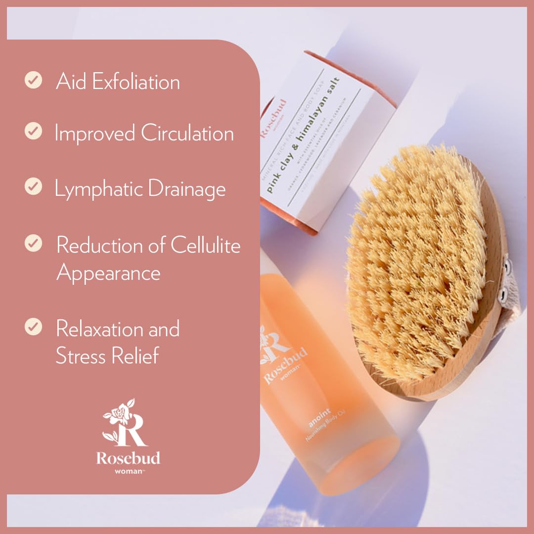 Rosebud Woman Body Brush for Dry Brushing & Lymphatic Drainage - Sustainable Beechwood Handle with Vegan Sisal Bristles - Exfoliating Skincare Tool