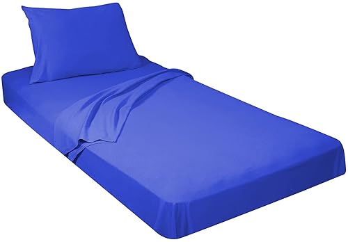 Gilbins 100% Combed T-Shirt Cotton Jersey Knit Camp Sheet Set, 1 Fitted cot Sheet, 1 Flat Sheet, 1 Standard Pillow case Royal Blue
