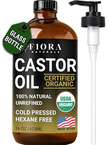 Organic Castor Oil in Glass Bottle - 16 Oz Cold Pressed & Hexane-Free - USDA Certified - Hair Growth Oil For Lashes, Brows, Skin & Scalp - with Pump