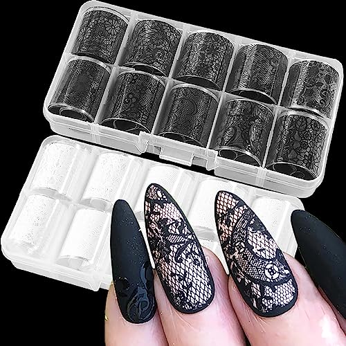 SILPECWEE 20 Rolls Lace Nail Foil White and Black Nail Transfer Foil Flower Nail Art Foils Decals Holographic Foils for Nails Manicure Stickers Beauty and Personal Care SILPECWEE Default Title